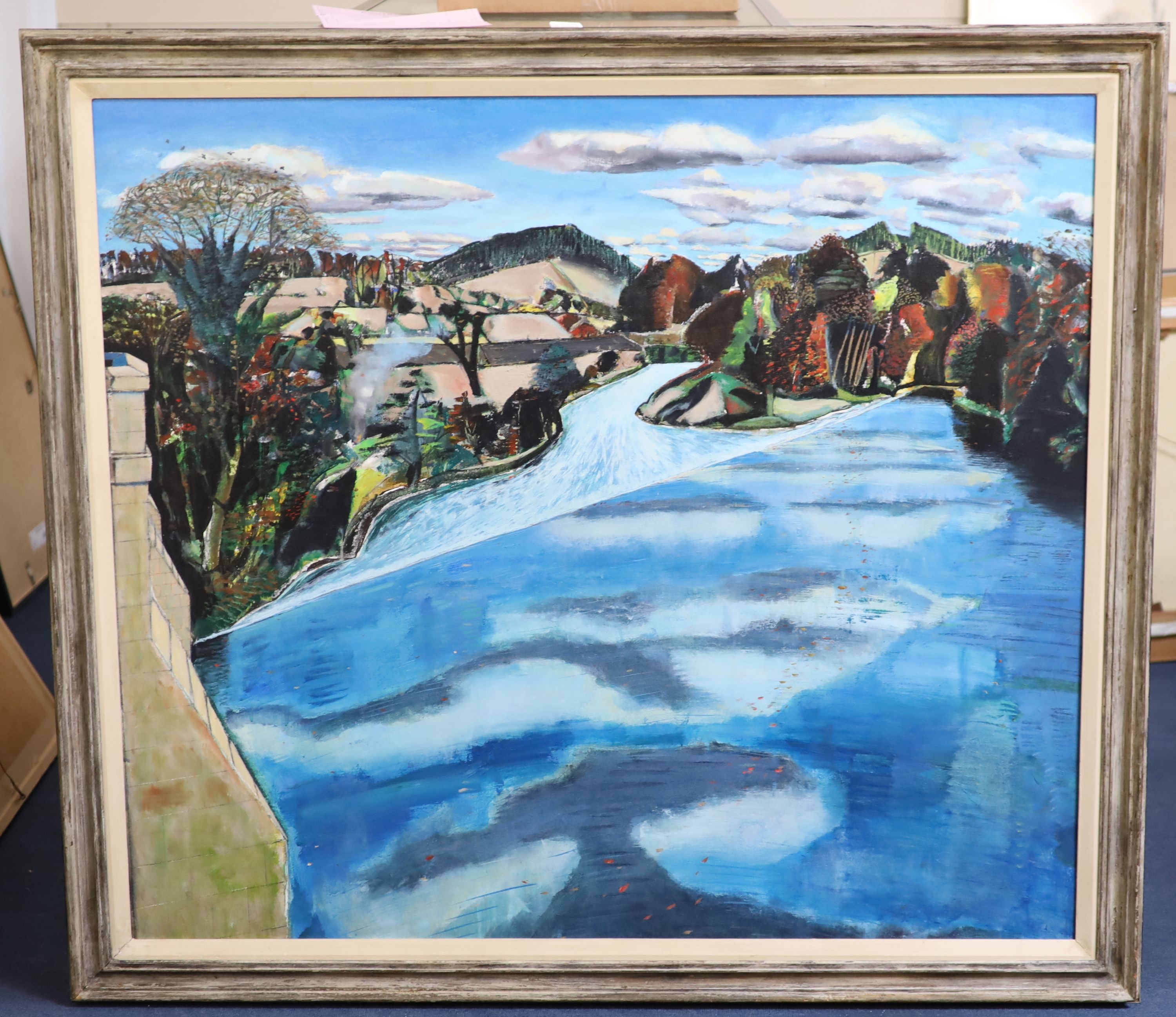 Keith Grant (b.1930), 'Chollerford Weir', 1980, Oil on canvas laid on board, 106 x 120cm.